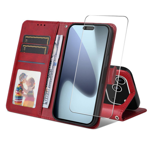 iPhone 18 Pro / 17 Pro ENKAY Card Wallet Calf Texture Leather Phone Case with Thickened Glue No White Edge Film - Red
