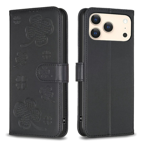 iPhone 18 Pro / 17 Pro Four-leaf Embossed Leather Phone Case - Black