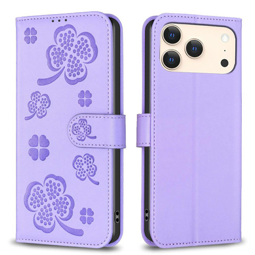 iPhone 18 Pro / 17 Pro Four-leaf Embossed Leather Phone Case - Purple
