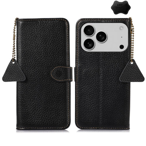 iPhone 18 Pro / 17 Pro Genuine Leather Litchi Texture RFID Leather Phone Case - Black