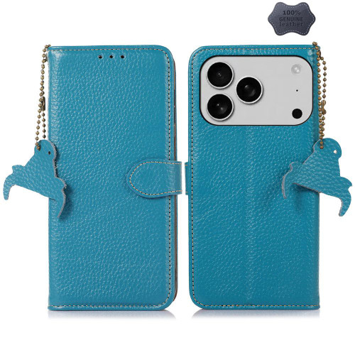 iPhone 18 Pro / 17 Pro Genuine Leather Litchi Texture RFID Leather Phone Case - Blue