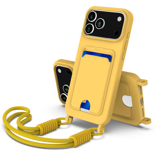 iPhone 18 Pro / 17 Pro Integrated Card Bag Solid Color Liquid Silicone Phone Case Gen2 with Short Lanyard - Yellow