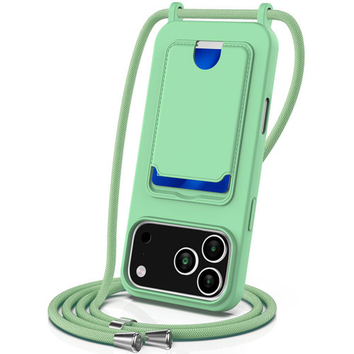 iPhone 18 Pro / 17 Pro Integrated Card Bag Solid Color Liquid Silicone Phone Case with Lanyard - Green