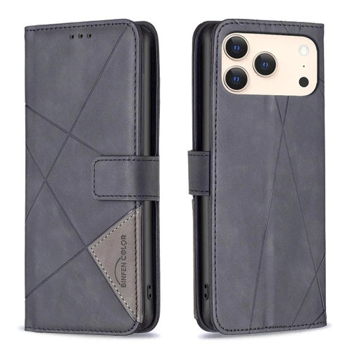 iPhone 18 Pro / 17 Pro Magnetic Buckle Rhombus Texture Leather Phone Case - Black