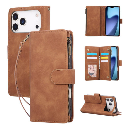 iPhone 18 Pro / 17 Pro Multifunctional Multi-Card Wallet Phone Leather Case - Brown