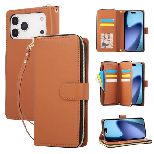 iPhone 18 Pro / 17 Pro Nine-card Slots Zipper Wallet Bag Leather Phone Case - Brown