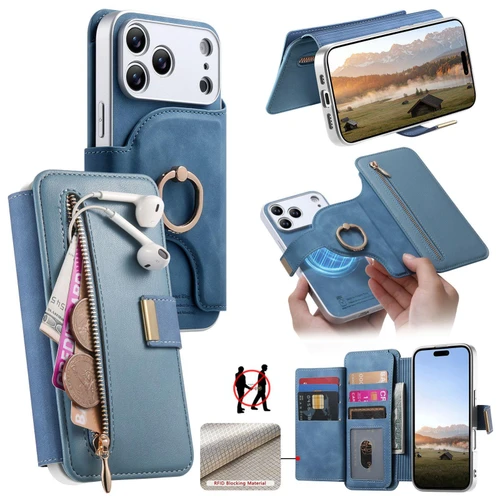 iPhone 18 Pro / 17 Pro Precision Hole Silver-Edged Ring RFID Blocking Zipper Wallet Magnetic Vegan Leather Phone Case - Blue