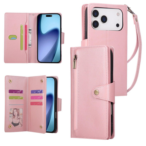 iPhone 18 Pro / 17 Pro Rivet Buckle 9 Cards Three Fold Leather Phone Case - Rose Gold