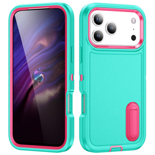 iPhone 18 Pro / 17 Pro Rugged PC + Silicone Phone Case with Holder - Light Green+Rose Red