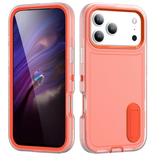 iPhone 18 Pro / 17 Pro Rugged PC + Silicone Phone Case with Holder - Transparent+Orange