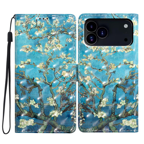 iPhone 18 Pro 3D Pattern Leather Phone Case - Blue Base Apricot Flower