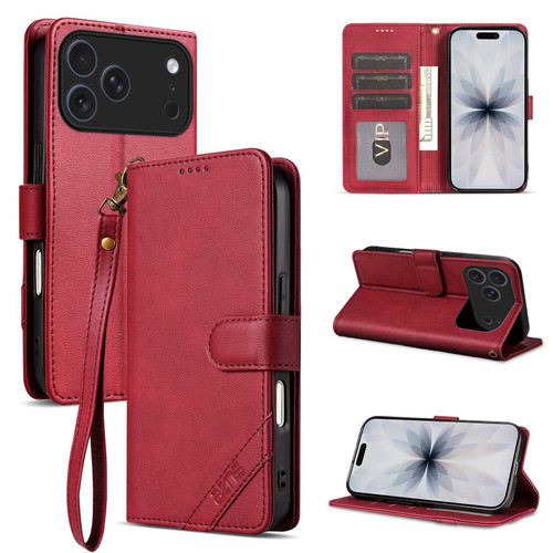iPhone 18 Pro AZNS A2 Series Tri-Card Wallet RFID Vegan Leather Phone Case with Strap - Red