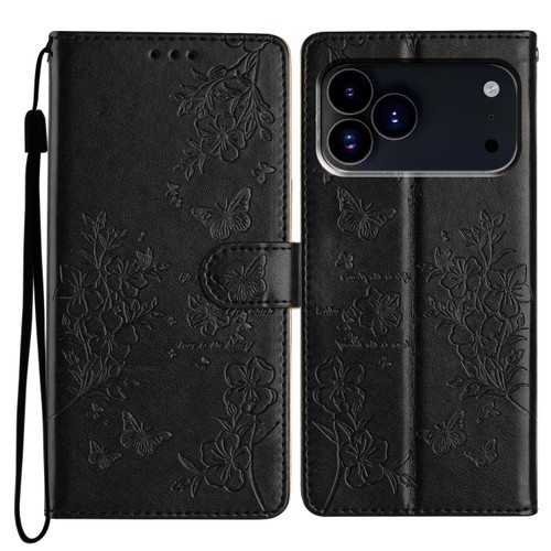 iPhone 18 Pro Butterflies and Flowers Leather Phone Case - Black