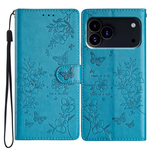 iPhone 18 Pro Butterflies and Flowers Leather Phone Case - Blue