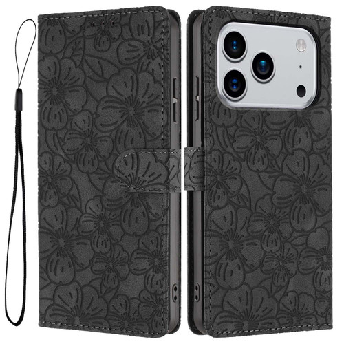 iPhone 18 Pro Cherry Blossoms Embossed Leather Phone Case - Black