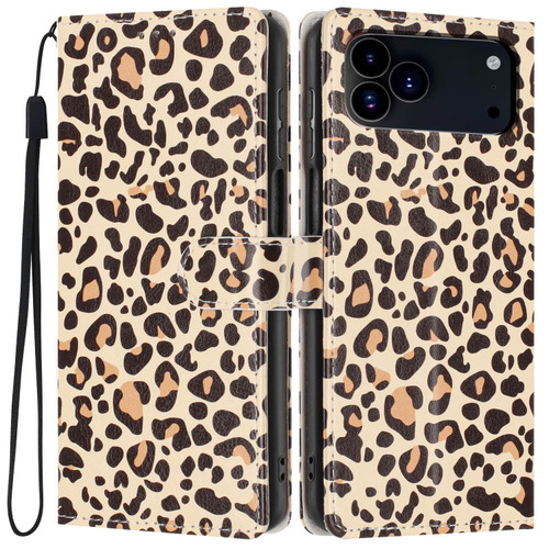 iPhone 18 Pro Colorful Painting Vegan Leather Phone Case with Lanyard - Leopard Print
