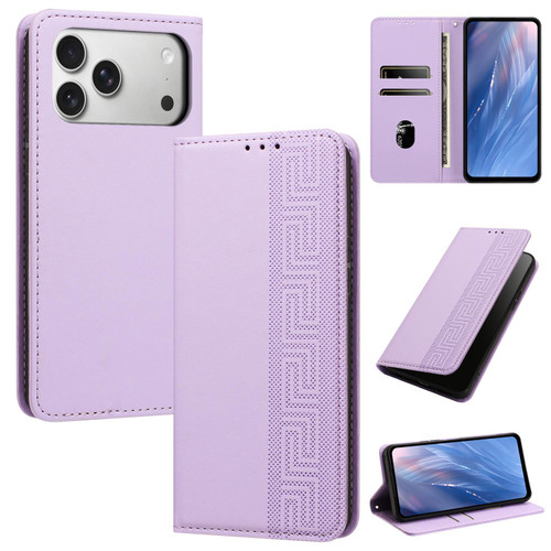 iPhone 18 Pro Embossed Meander Pattern RFID Vegan Leather Phone Case - Light Purple