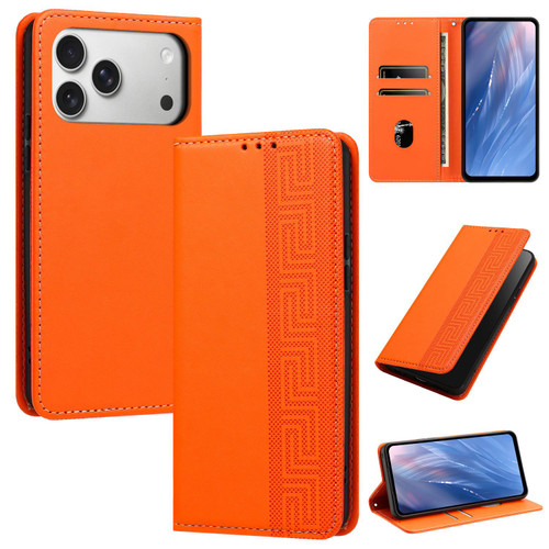 iPhone 18 Pro Embossed Meander Pattern RFID Vegan Leather Phone Case - Orange