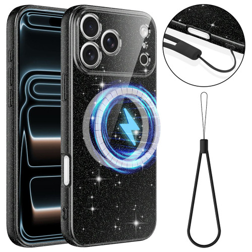 iPhone 18 Pro Fine Hole Glossy Glitter Magnetic TPU Phone Case with Same Color Hand Strap - Black