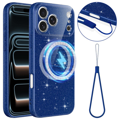 iPhone 18 Pro Fine Hole Glossy Glitter Magnetic TPU Phone Case with Same Color Hand Strap - Blue