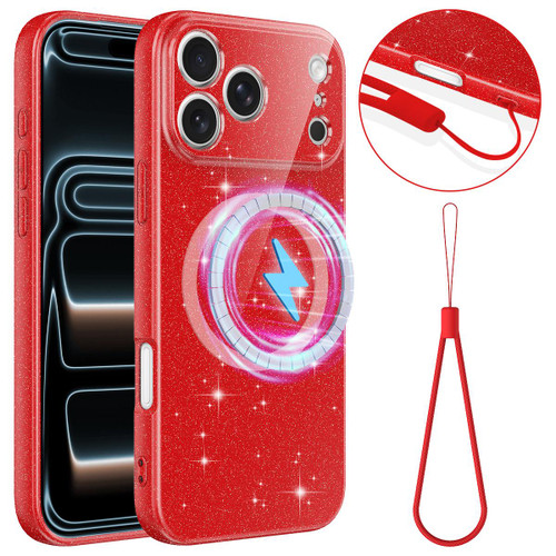 iPhone 18 Pro Fine Hole Glossy Glitter Magnetic TPU Phone Case with Same Color Hand Strap - Red