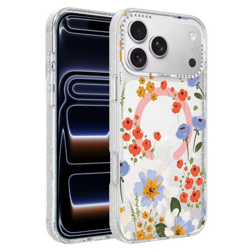 iPhone 18 Pro Flower Pattern IMD Glitter Magnetic Phone Case - Warm Orange Blossom