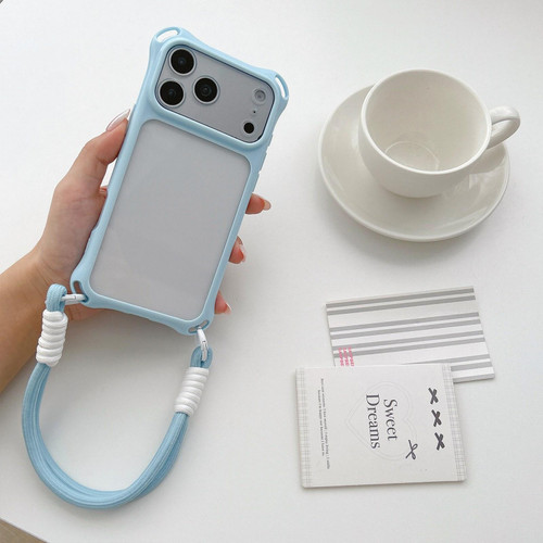iPhone 18 Pro Four-corners Lanyard Holes Acrylic Hybrid TPU Phone Case with Hand Strap - Light Blue