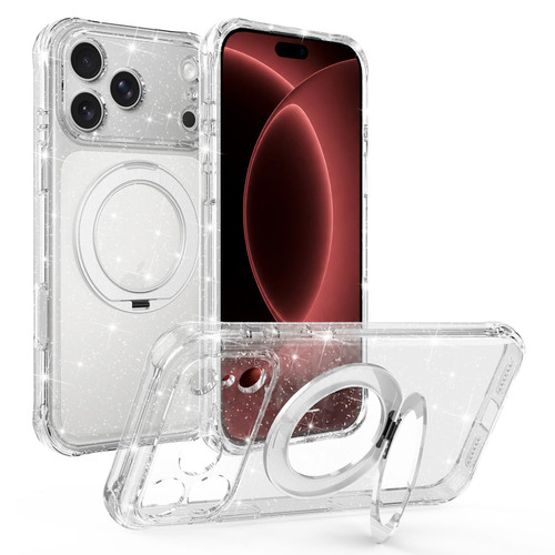 iPhone 18 Pro Glitter 360 Rotation Magnetic Holder Phone Case - White