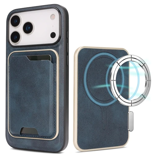 iPhone 18 Pro Kalebol Slim MagSafe Ring Magnetic Card Bag Leather Phone Case - Blue
