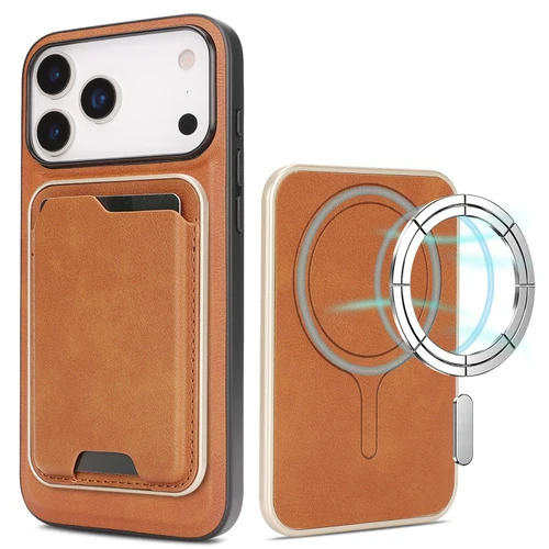 iPhone 18 Pro Kalebol Slim MagSafe Ring Magnetic Card Bag Leather Phone Case - Brown
