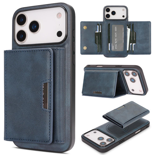 iPhone 18 Pro Kalebol Strong Magnetic MagSafe Tri-Fold Wallet Leather Phone Case - Blue