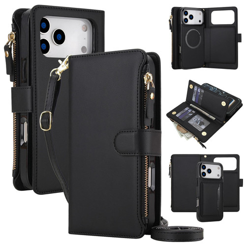 iPhone 18 Pro KLT-033 Detachable 2 in 1 Zipper Wallet Magnetic Phone Case with Lanyard - Black