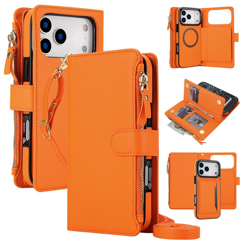 iPhone 18 Pro KLT-033 Detachable 2 in 1 Zipper Wallet Magnetic Phone Case with Lanyard - Orange