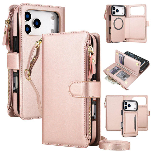 iPhone 18 Pro KLT-033 Detachable 2 in 1 Zipper Wallet Magnetic Phone Case with Lanyard - Rose Gold