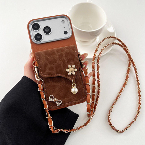 iPhone 18 Pro Leather Leopard Print Card Bag Phone Case with Crossbody Chain - Brown