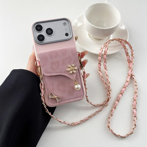iPhone 18 Pro Leather Leopard Print Card Bag Phone Case with Crossbody Chain - Pink