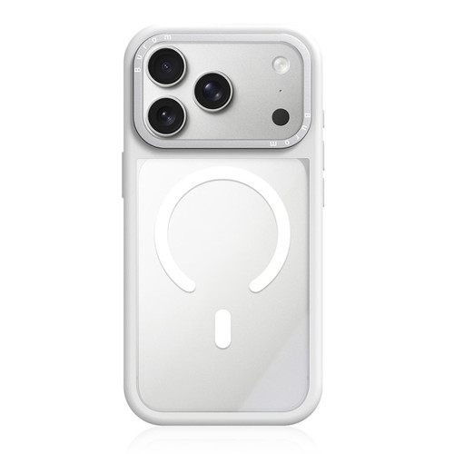 iPhone 18 Pro Liquid Silicone Frame Hybrid Clear Back Panel Magnetic Phone Case - White