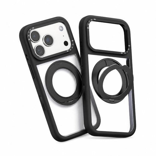 iPhone 18 Pro Liquid Silicone Frame Hybrid Clear Back Panel Rotatable Magnetic Holder Phone Case - Black