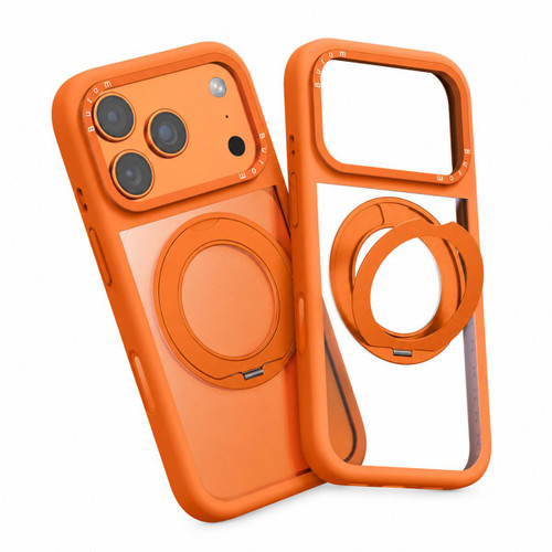 iPhone 18 Pro Liquid Silicone Frame Hybrid Clear Back Panel Rotatable Magnetic Holder Phone Case - Orange