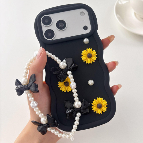 iPhone 18 Pro Macaron Color Little Daisy and Pearl Phone Case with Bracelet Chain - Black