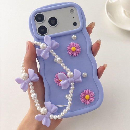 iPhone 18 Pro Macaron Color Little Daisy and Pearl Phone Case with Bracelet Chain - Purple