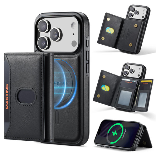 iPhone 18 Pro MAGKING K5 Series RFID Tri-fold Card Bag Detachable Magnetic Phone Case - Black