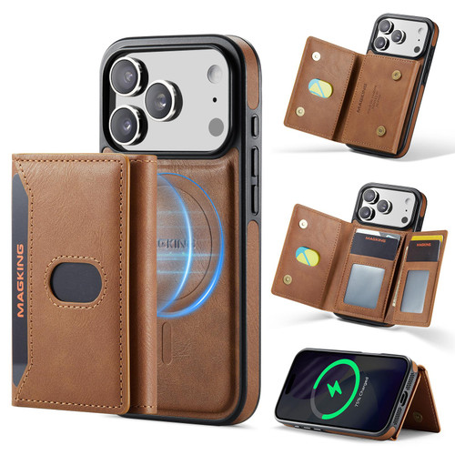 iPhone 18 Pro MAGKING K5 Series RFID Tri-fold Card Bag Detachable Magnetic Phone Case - Brown