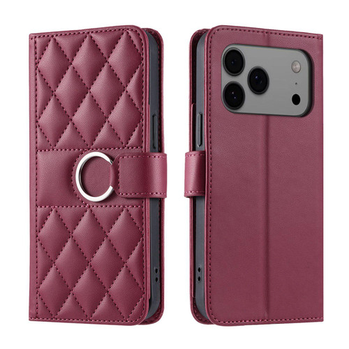 iPhone 18 Pro Ring Buckle Rhombic Leather Phone Case - Red