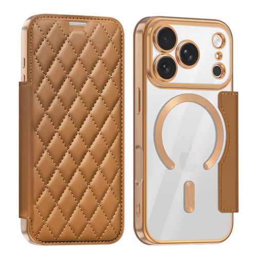 iPhone 18 Pro Shield Magsafe RFID Anti-theft Rhombus Leather Phone Case - Brown