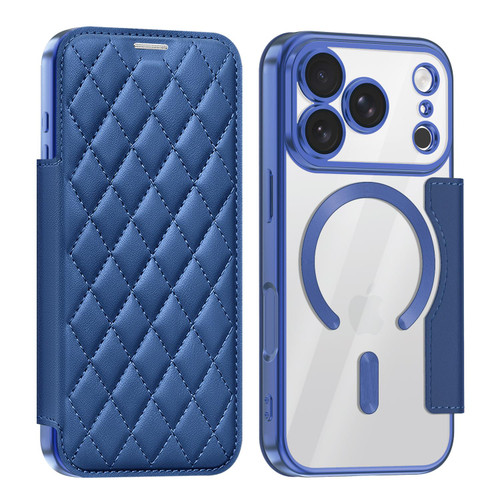 iPhone 18 Pro Shield Magsafe RFID Anti-theft Rhombus Leather Phone Case - Dark Blue