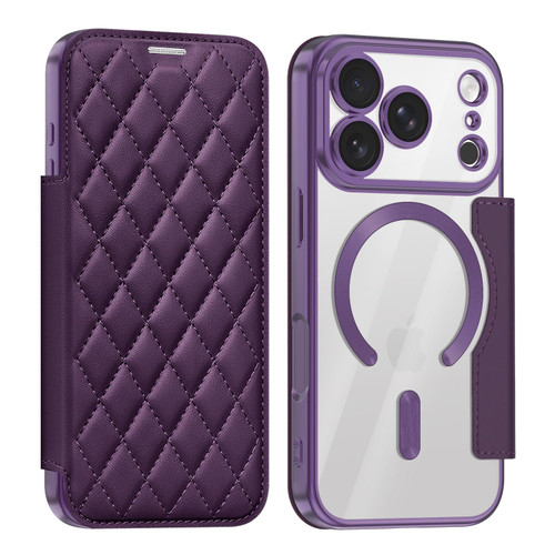 iPhone 18 Pro Shield Magsafe RFID Anti-theft Rhombus Leather Phone Case - Purple