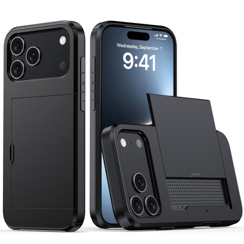 iPhone 18 Pro Shockproof Armor Phone Case with Card Slot - Black