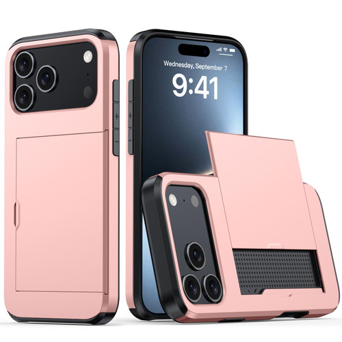 iPhone 18 Pro Shockproof Armor Phone Case with Card Slot - Rose Gold