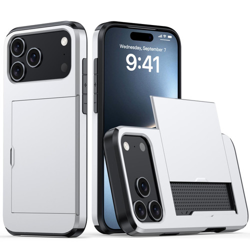 iPhone 18 Pro Shockproof Armor Phone Case with Card Slot - Silver